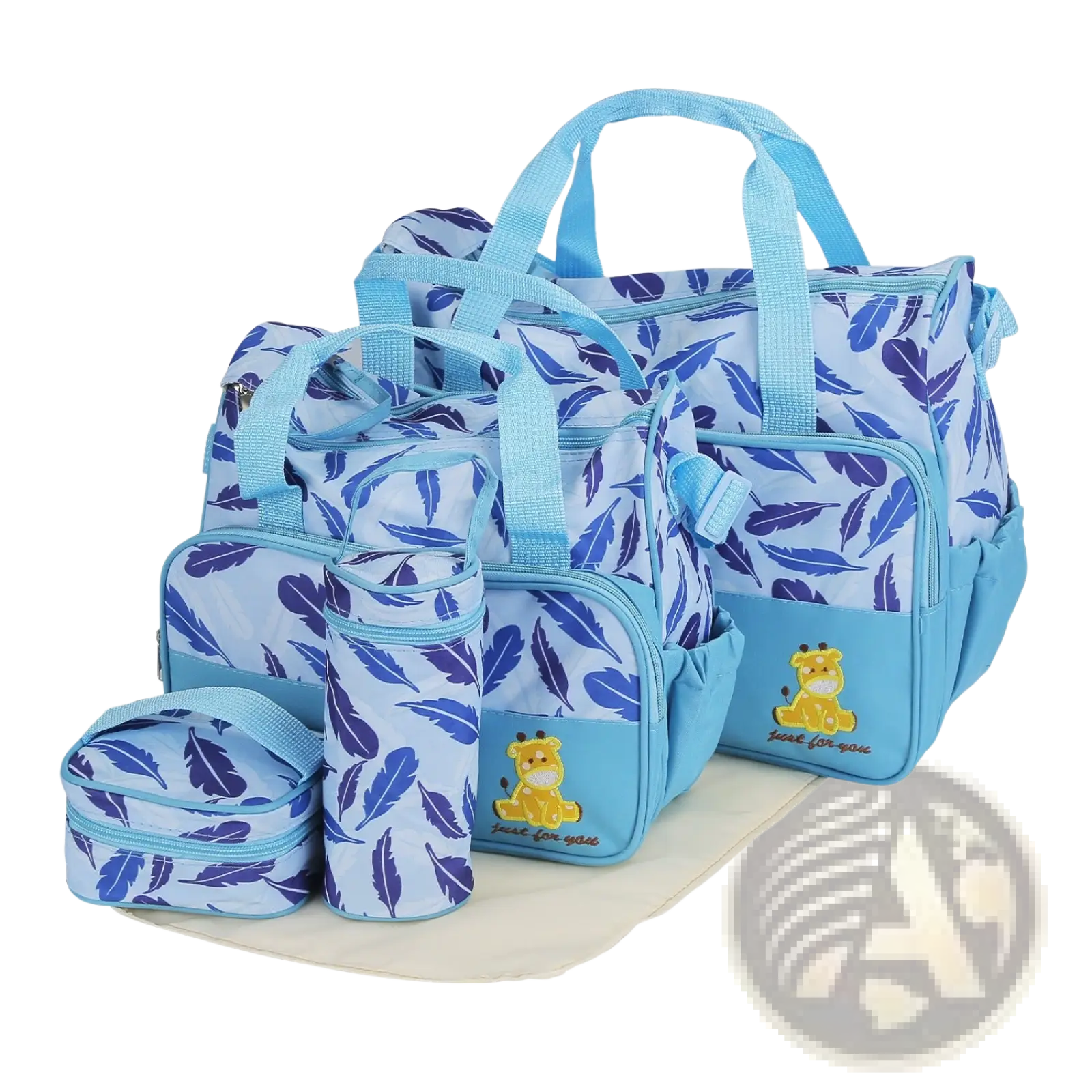 Blue feather-patterned 5-piece diaper bag set with yellow giraffe appliqué and changing pad for baby essentials