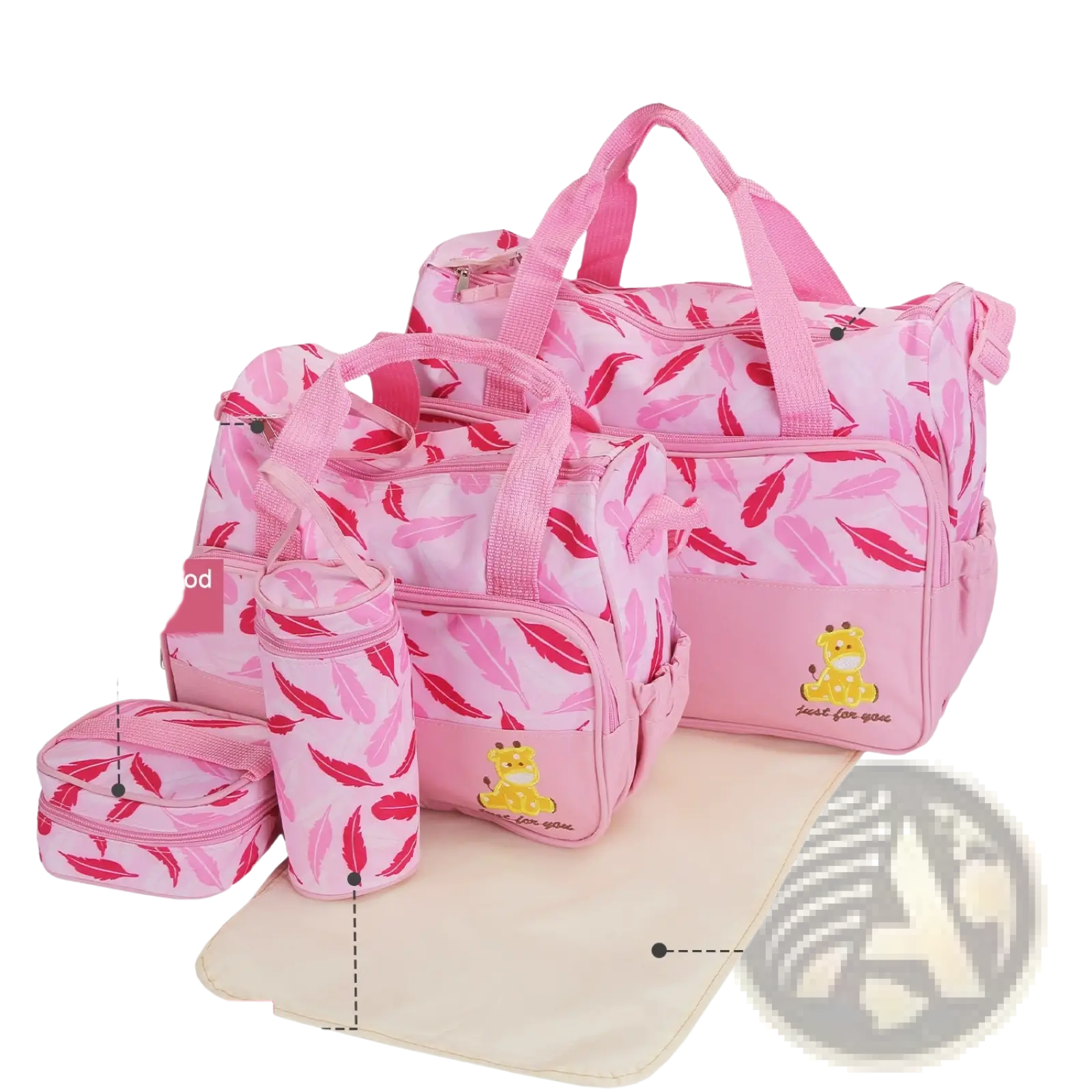 5-piece pink feather-patterned baby diaper bag set with yellow giraffe design and included changing pad