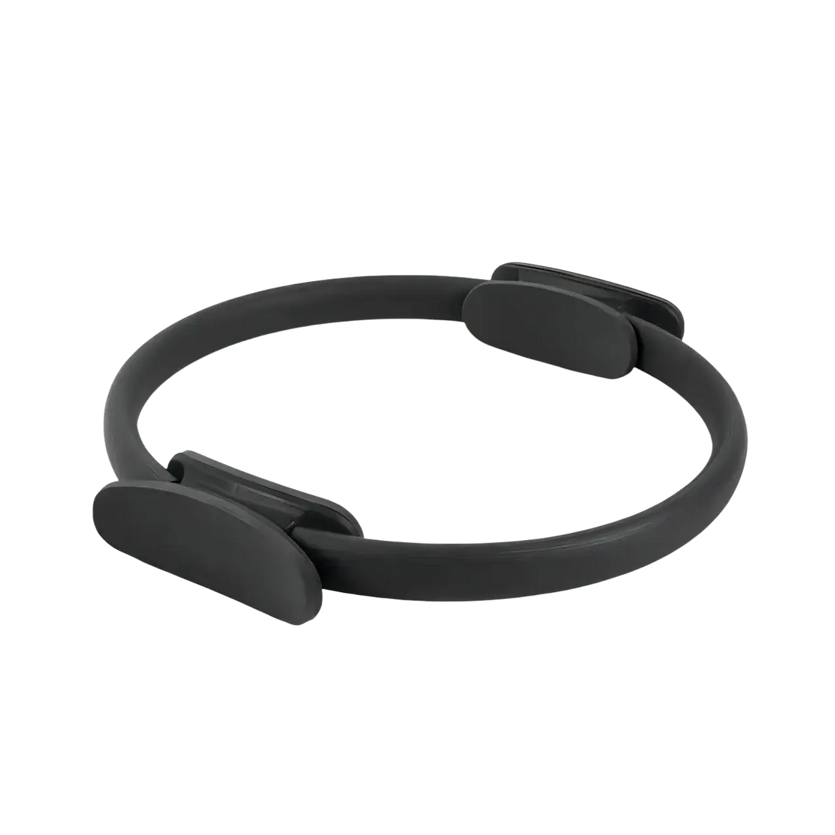 Black rubber pilates ring with smooth matte finish and adjustable clasp in 5-piece pilates ring and resistance band set