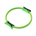 Bright green pilates ring with black plastic clamps included in a 5-piece pilates ring and resistance band set