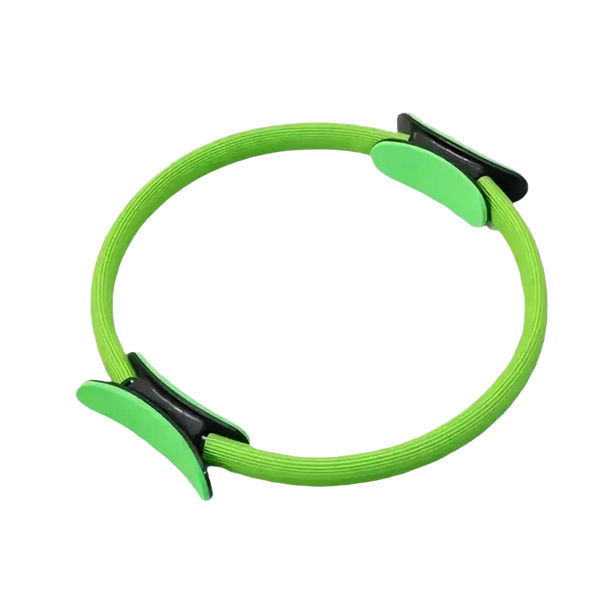 Bright green elastic pilates ring with black plastic clamps in a 5-piece pilates ring and resistance band set