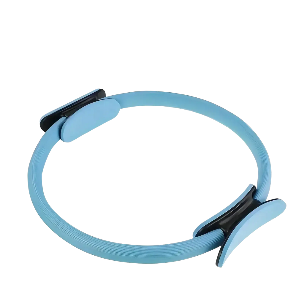 Light blue pilates ring with black adjustable clamps included in a 5-piece pilates ring and resistance band set