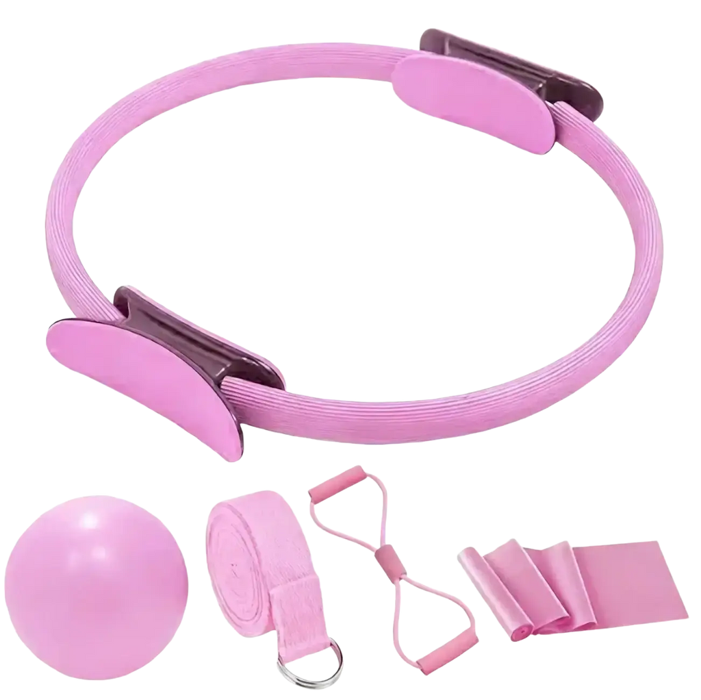 Pink pilates ring with matching resistance band set designed for effective full-body toning and strength training