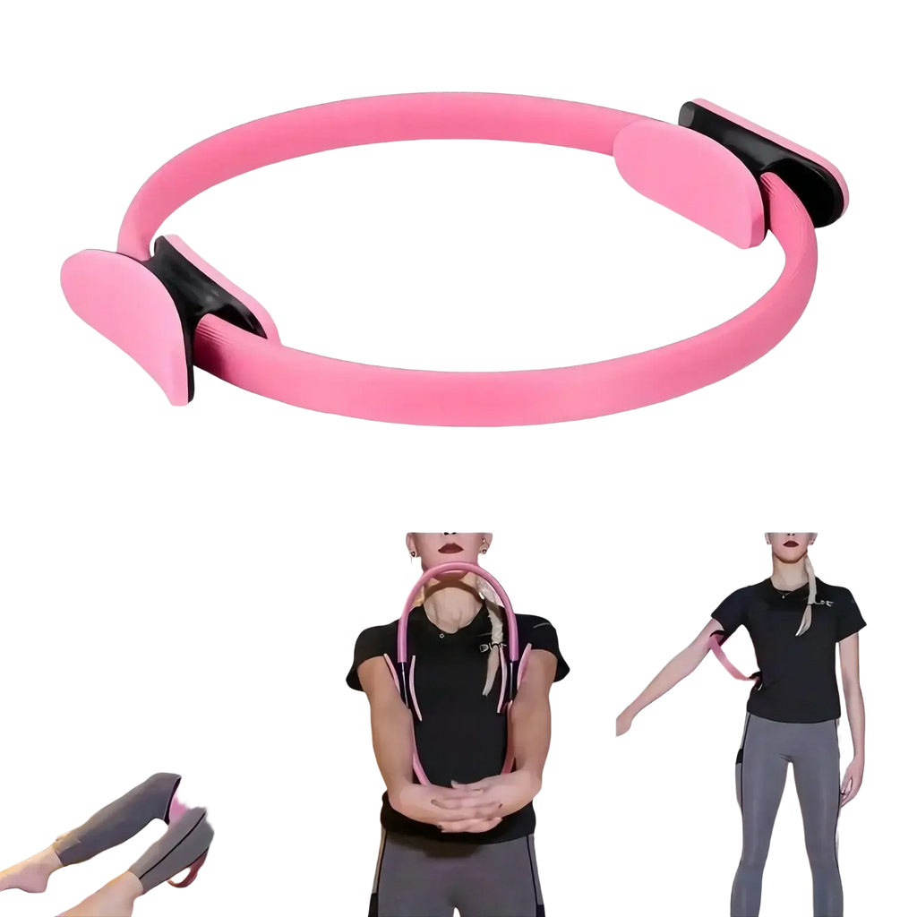 Pink pilates ring with black adjustable clamps made of durable material for resistance training in a 5-piece set