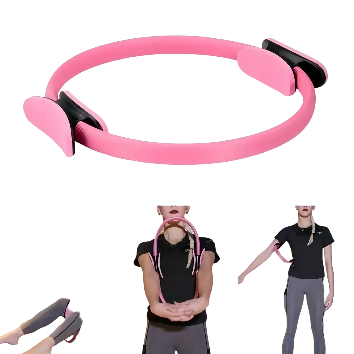 Pink pilates ring with black adjustable clamps made of durable material for resistance training in a 5-piece set