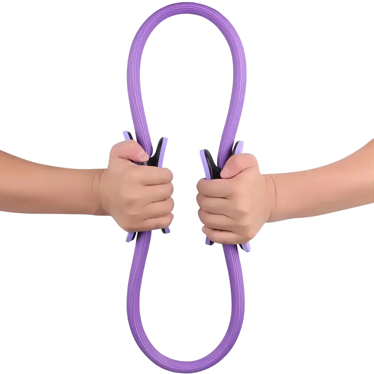 Purple resistance band with black grip handles from a 5-piece pilates ring and resistance band set