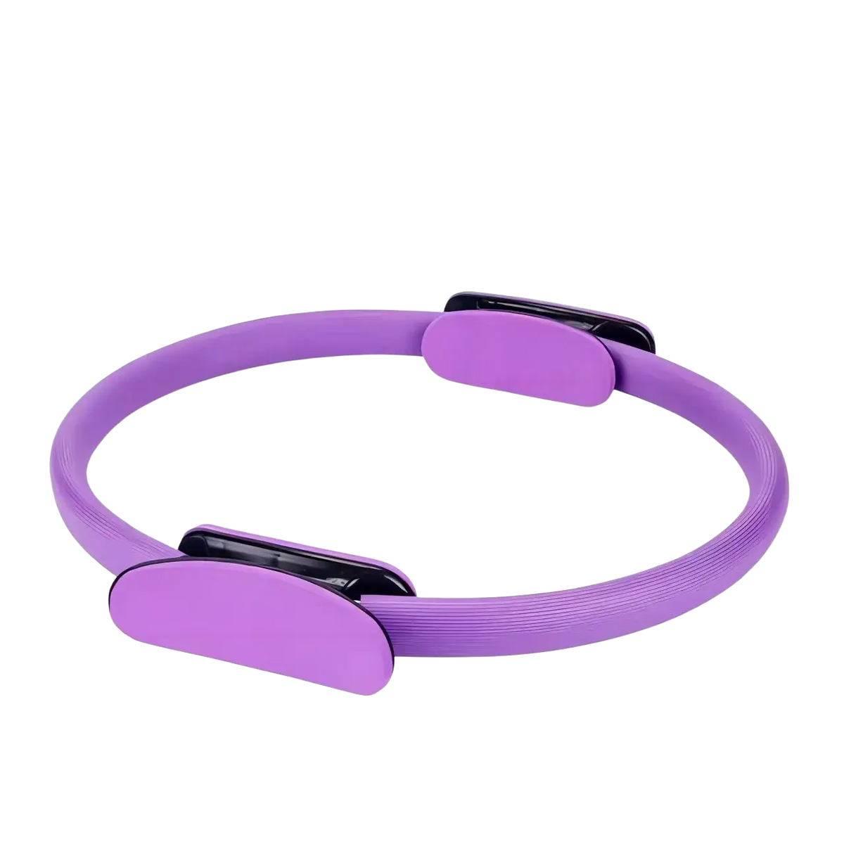Purple pilates ring with sleek ribbed silicone band and black magnetic clasps in 5-piece pilates ring and resistance band set