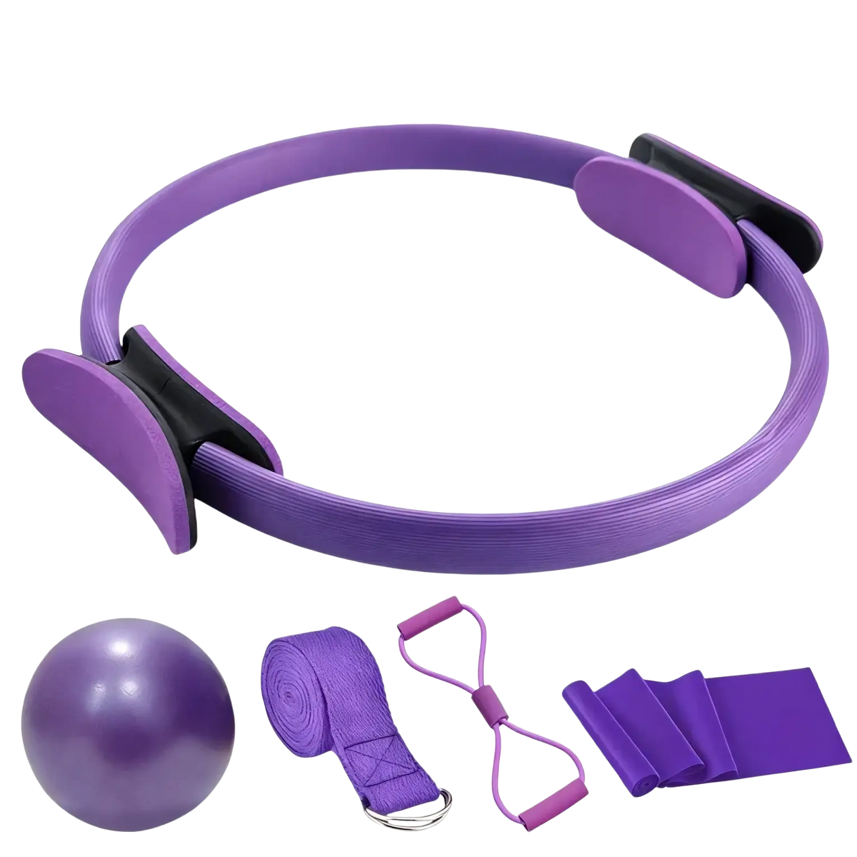 Purple pilates ring with black adjustable clamps part of a 5-piece professional training resistance band set