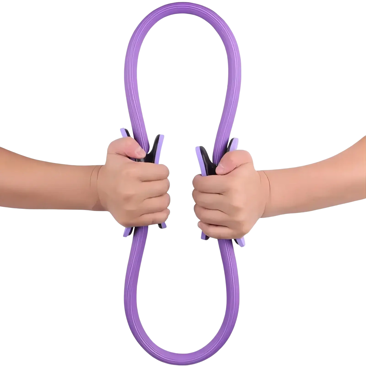 Purple resistance band with black grip handles made of durable material in 5-piece Pilates ring and resistance band set