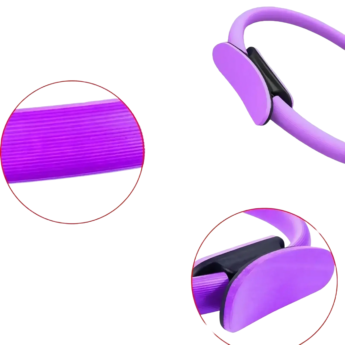 Purple fiberglass Pilates ring with eva foam stripes and foam padded handles from 5-piece resistance set