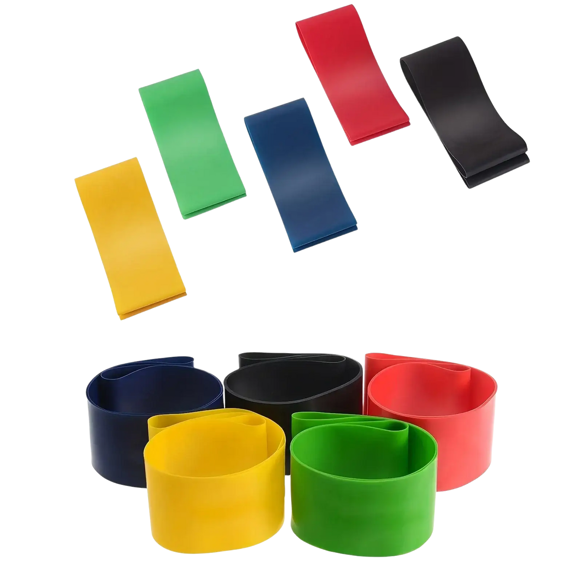 Set of five colorful rubber resistance bands in yellow green blue red and black for full body fitness exercises