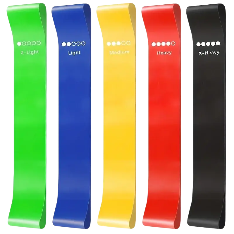 5-piece resistance bands set with colorful latex bands in green, blue, yellow, red, and black for full body fitness