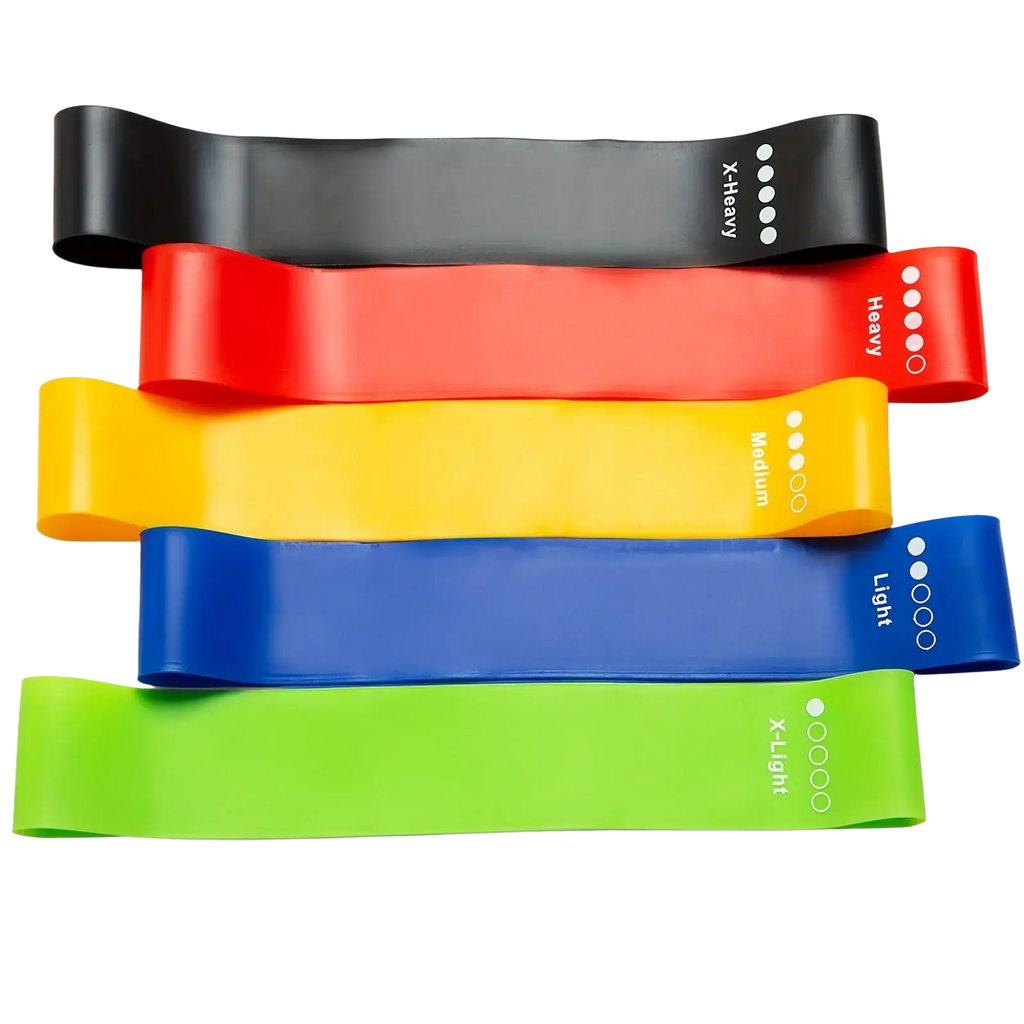 Set of five colorful rubber resistance bands in black red yellow blue and green with weight indicators for full body fitness