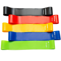 Set of five colorful rubber resistance bands in black red yellow blue and green with weight indicators for full body fitness
