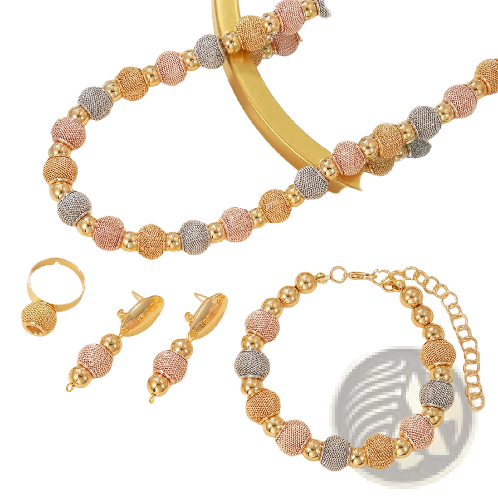 Gold-toned and rose gold textured spherical beaded necklace in pink gray and metallic gold from 5-piece tri-tone set