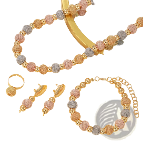 Gold-toned and rose gold textured spherical beaded necklace in pink gray and metallic gold from 5-piece tri-tone set