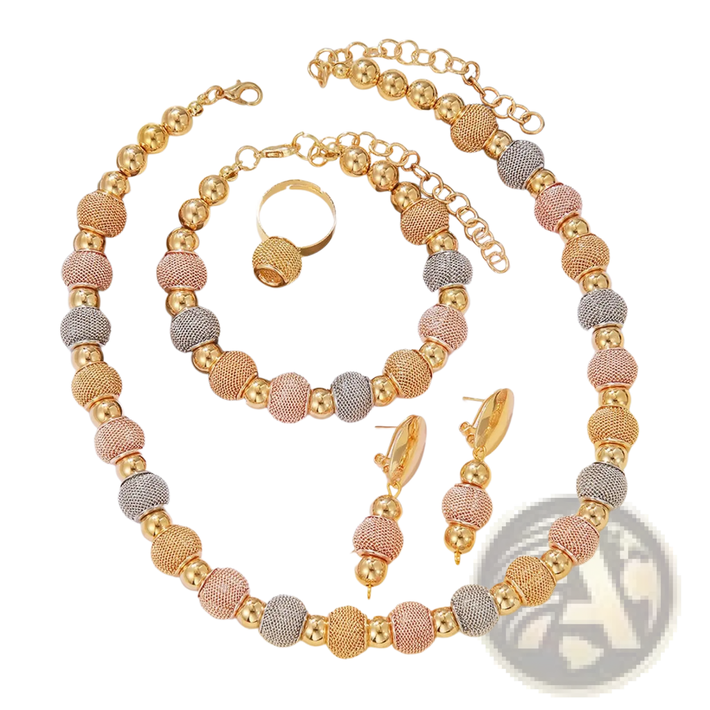 5-piece tri-tone metallic beaded jewelry set with gold-toned rose gold and silver textured spherical beads