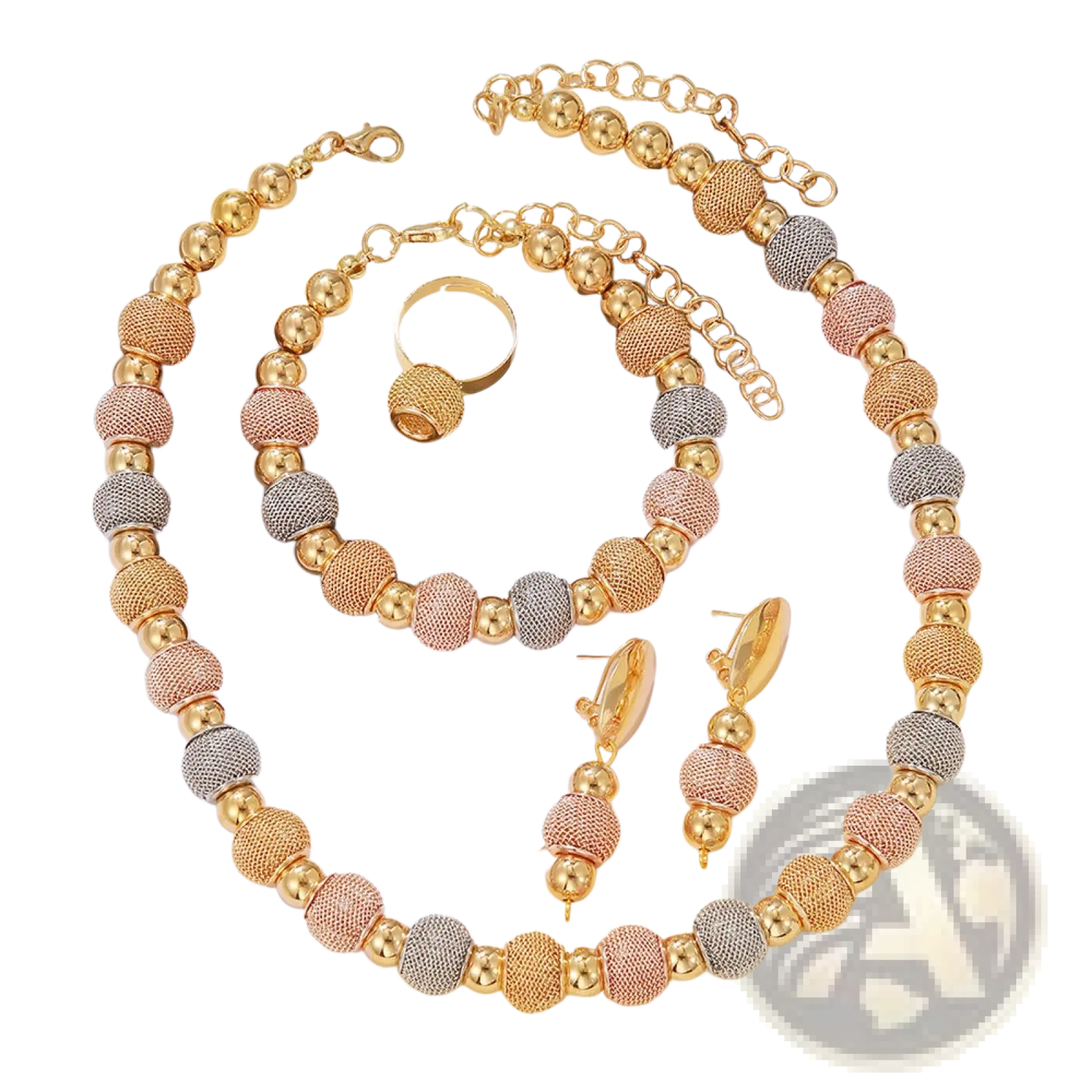 5-piece tri-tone metallic beaded jewelry set with gold-toned rose gold and silver textured spherical beads