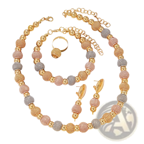 5-piece tri-tone metallic beaded jewelry set with gold-toned rose gold and silver textured spherical beads