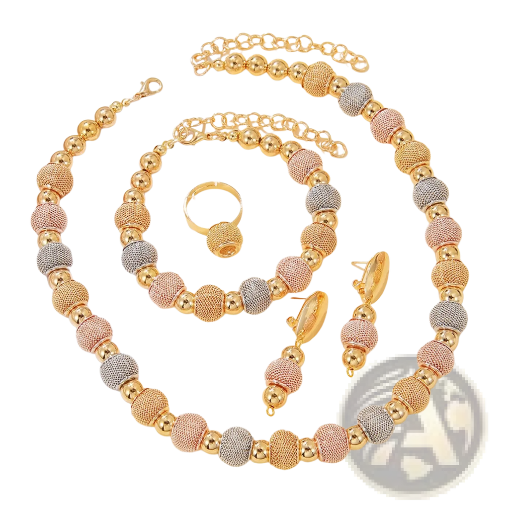 Gold-toned necklace with alternating smooth beads and rose gold silver matte gold mesh accents in 5-piece tri-tone set