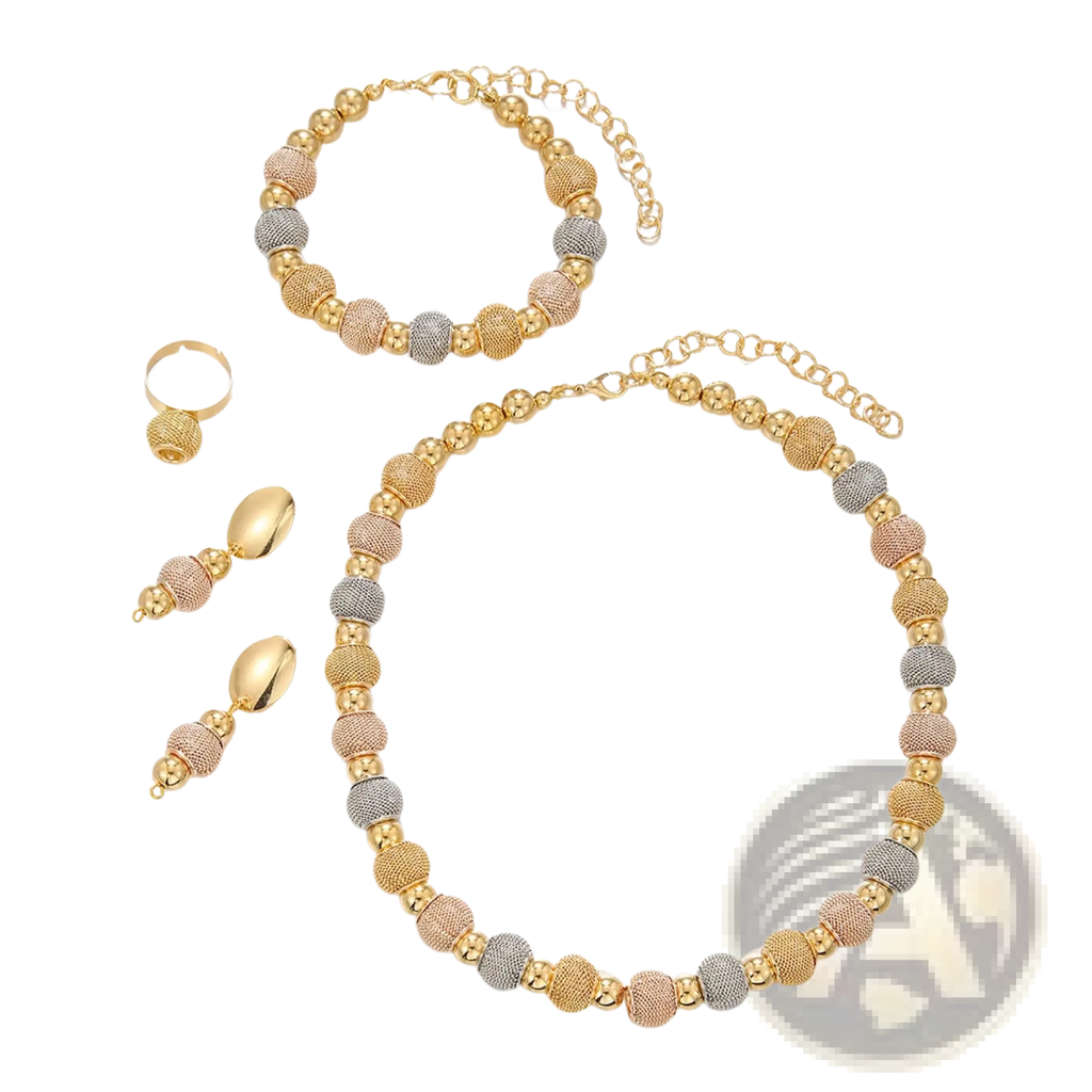 5-piece tri-tone metallic beaded necklace set with gold rose gold and silver textured spherical beads