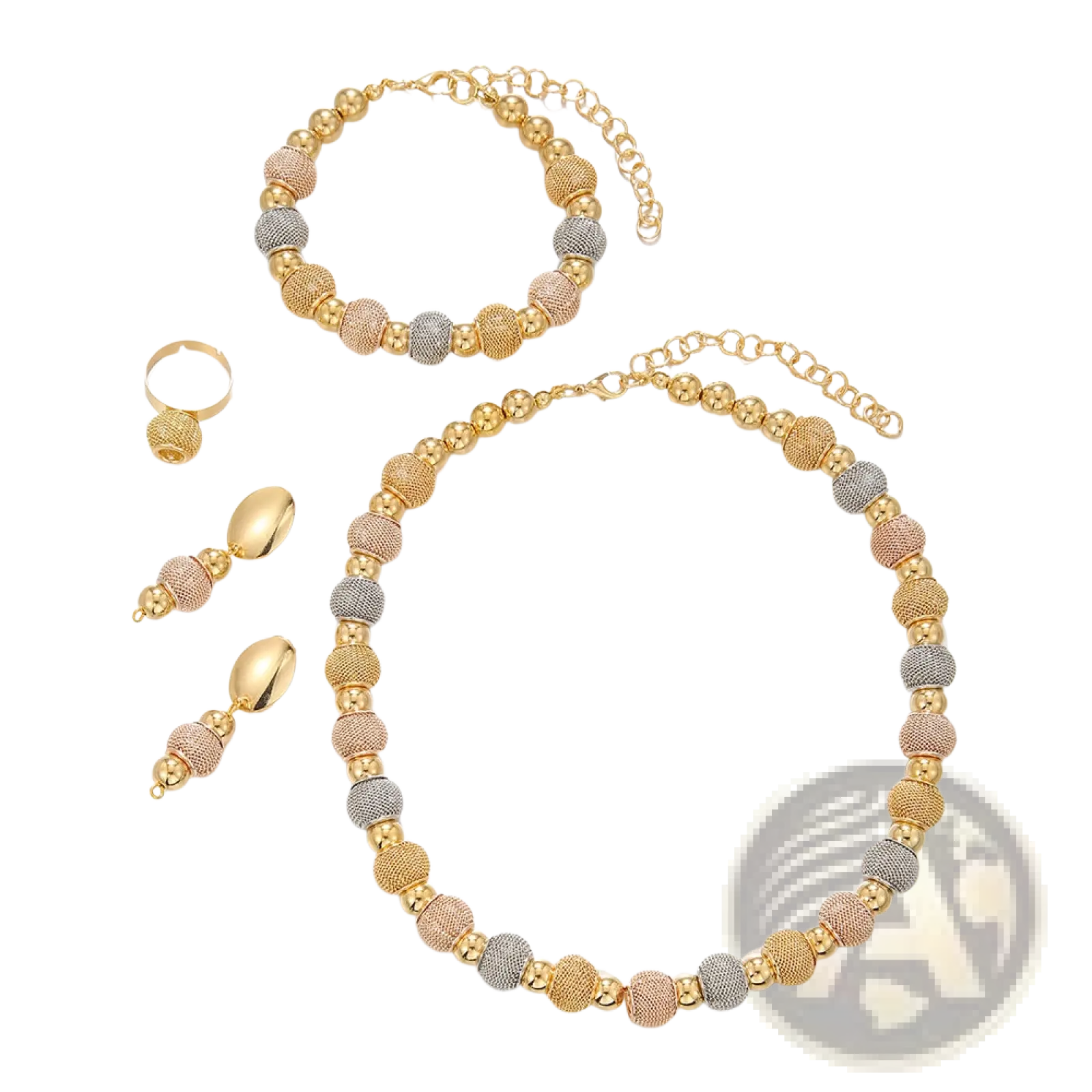5-piece tri-tone metallic beaded necklace set with gold rose gold and silver textured spherical beads