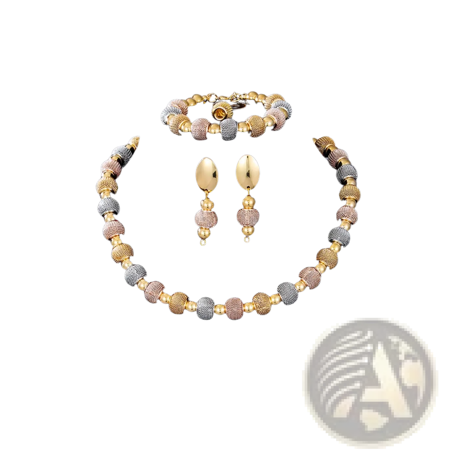 5-piece tri-tone metallic beaded necklace set with gold rose gold and silver textured spherical beads