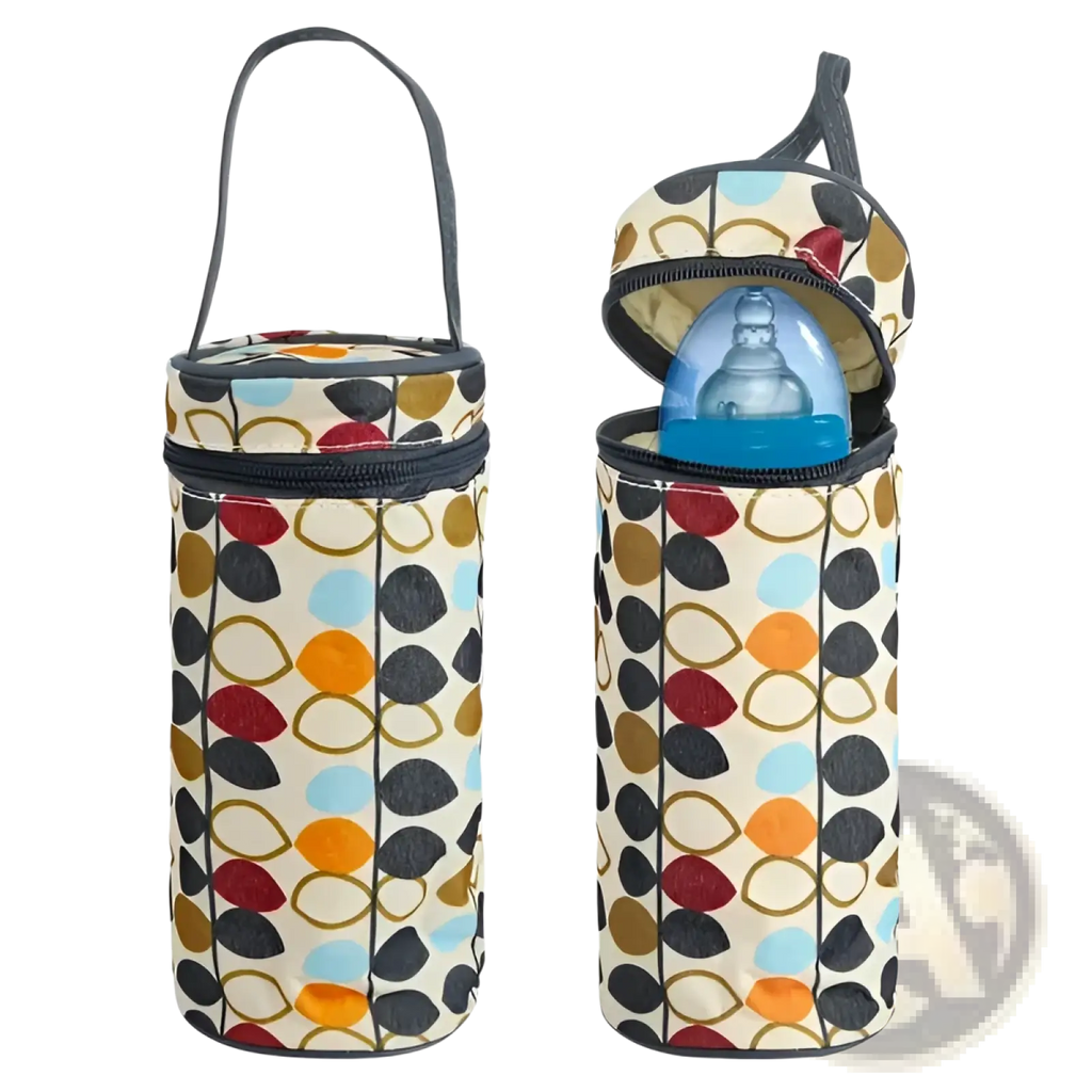 A cylindrical insulated bottle carrier with a colorful geometric pattern in cream red orange blue and black fabric exterior
