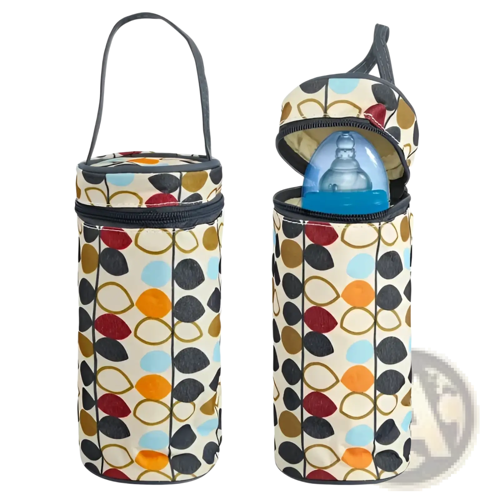 A cylindrical insulated bottle carrier with a colorful geometric pattern in cream red orange blue and black fabric exterior