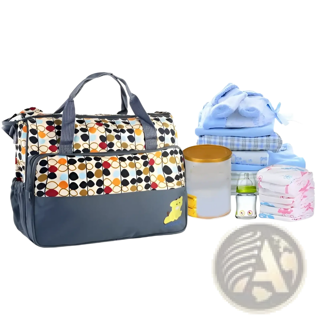 Patterned maternity bag from 5 piece water resistant geometric pattern diaper bag set with beige, navy, and gray handles