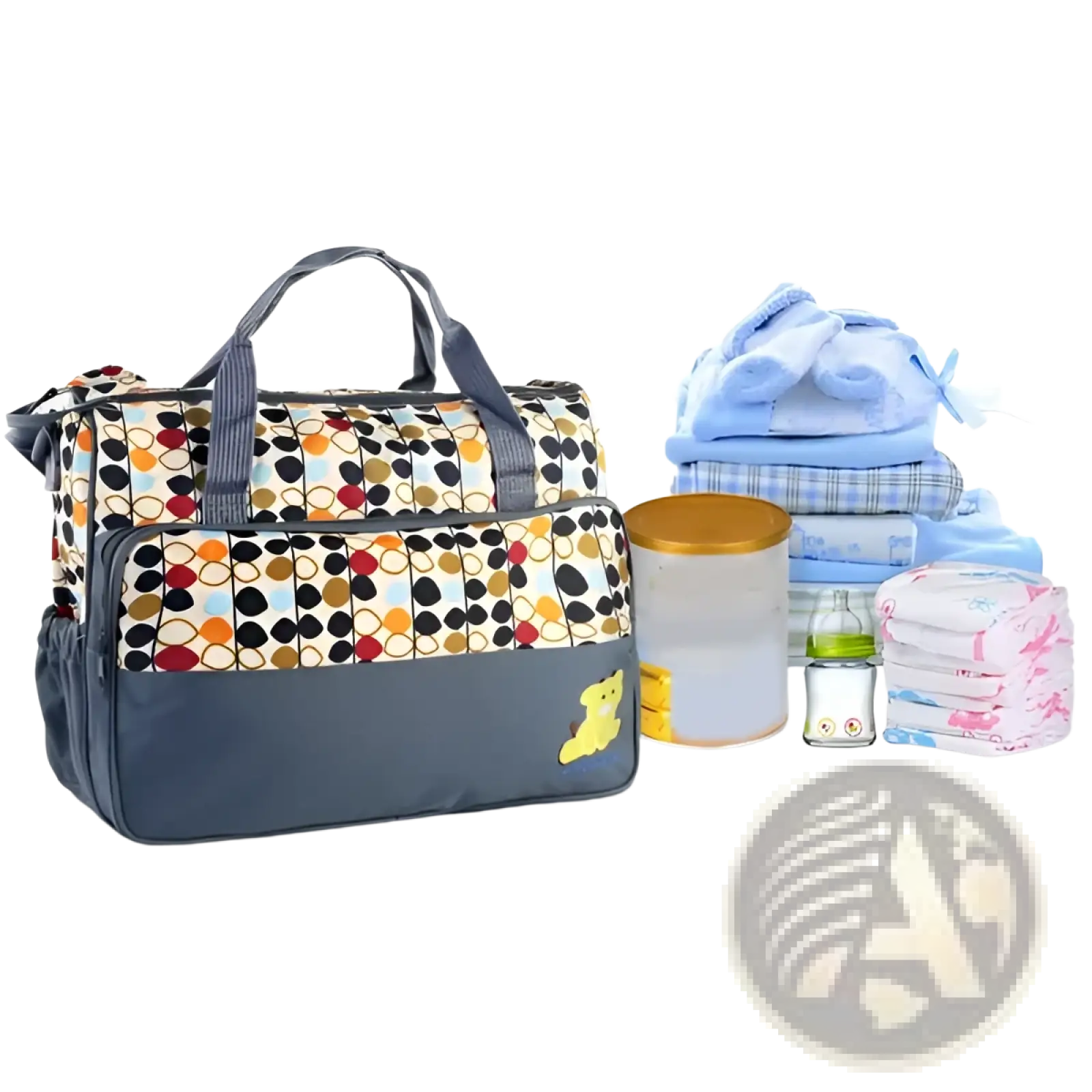 Patterned maternity bag from 5 piece water resistant geometric pattern diaper bag set with beige, navy, and gray handles