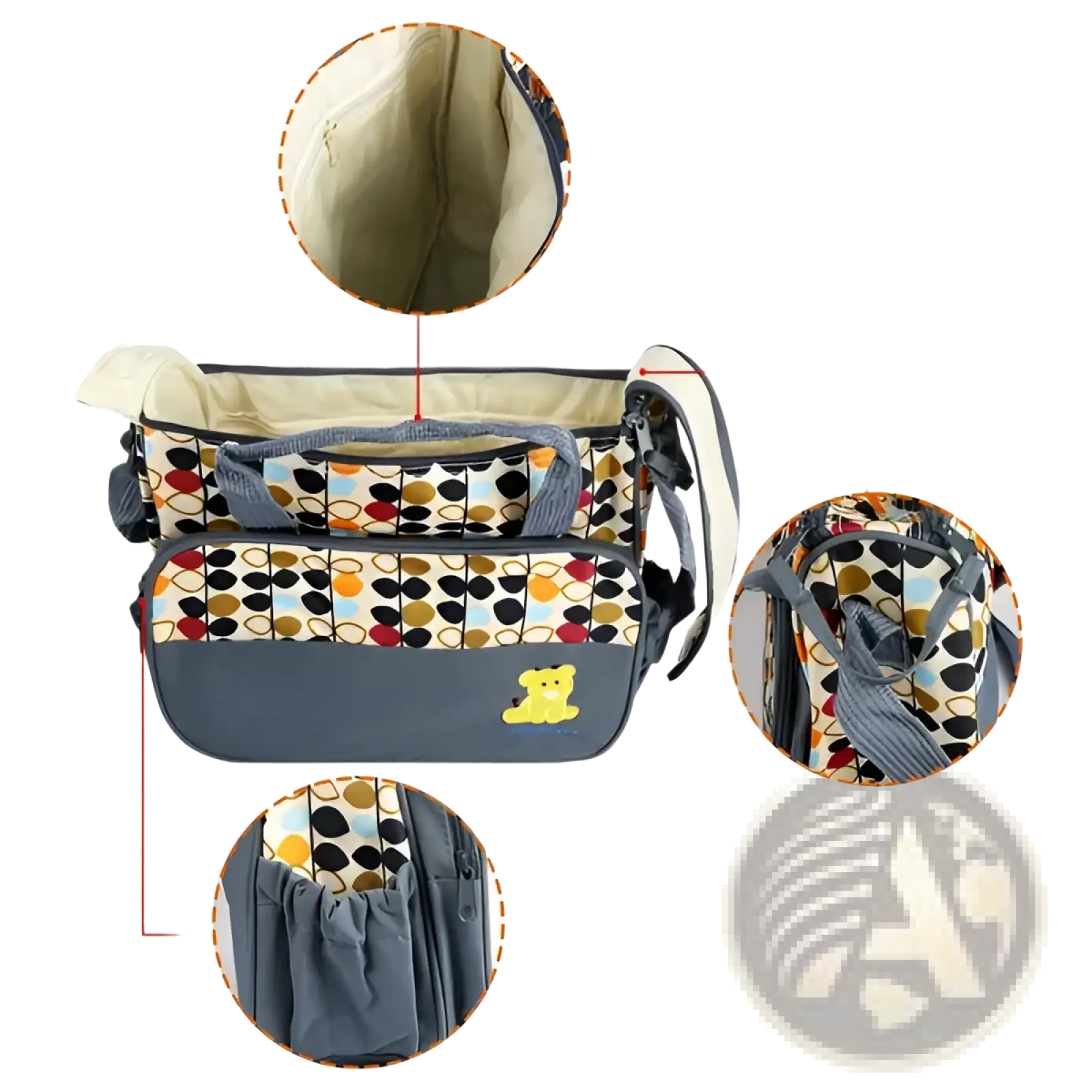Gray patterned baby changing bag with playful yellow bear emblem dual-zipper closure multiple pockets diaper bag set
