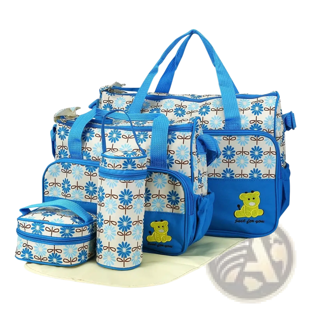 Blue floral-patterned 5 piece diaper bag set with water resistant material and embroidered yellow bear accents