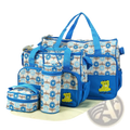 Blue floral-patterned 5 piece diaper bag set with water resistant material and embroidered yellow bear accents