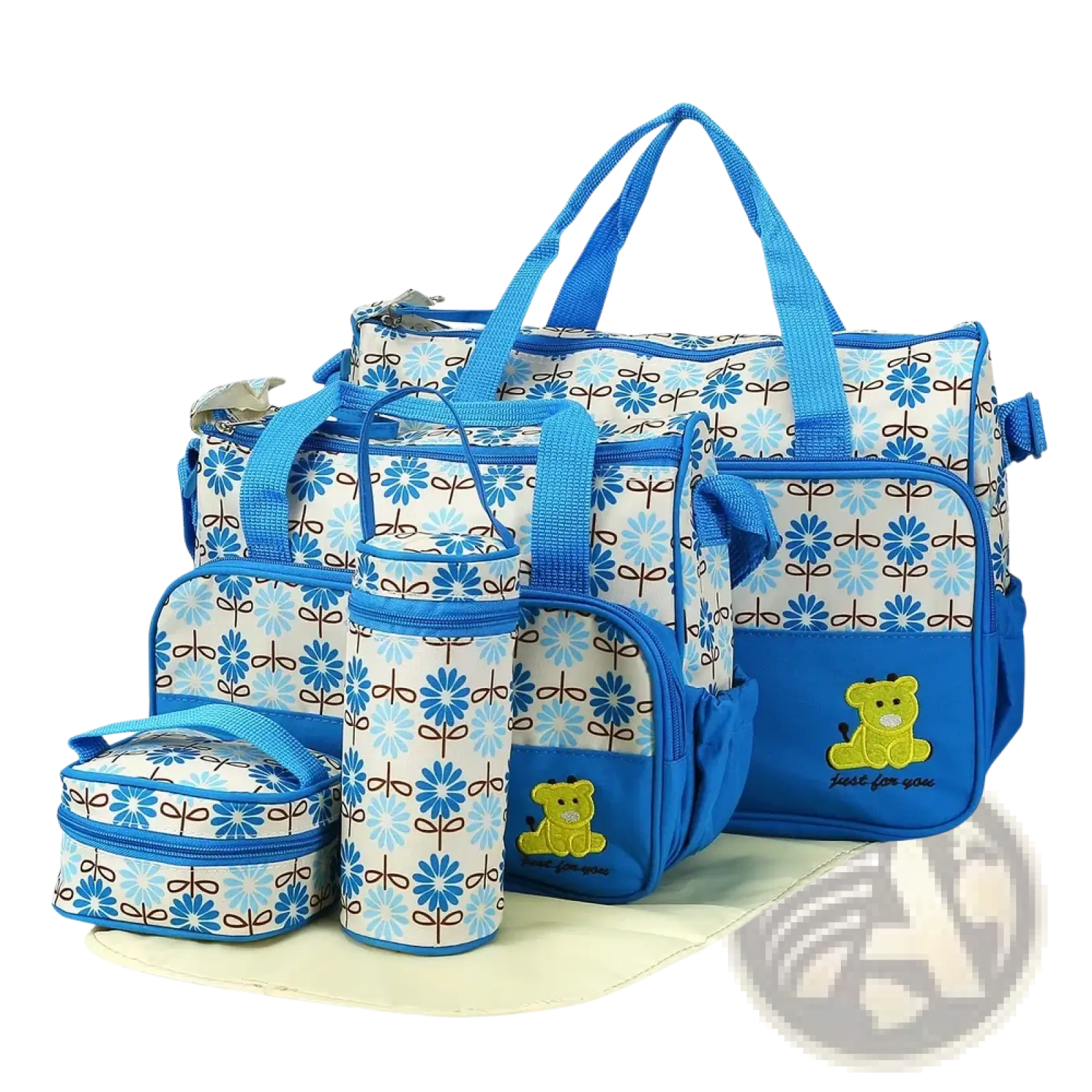 Blue floral-patterned 5 piece diaper bag set with water resistant material and embroidered yellow bear accents