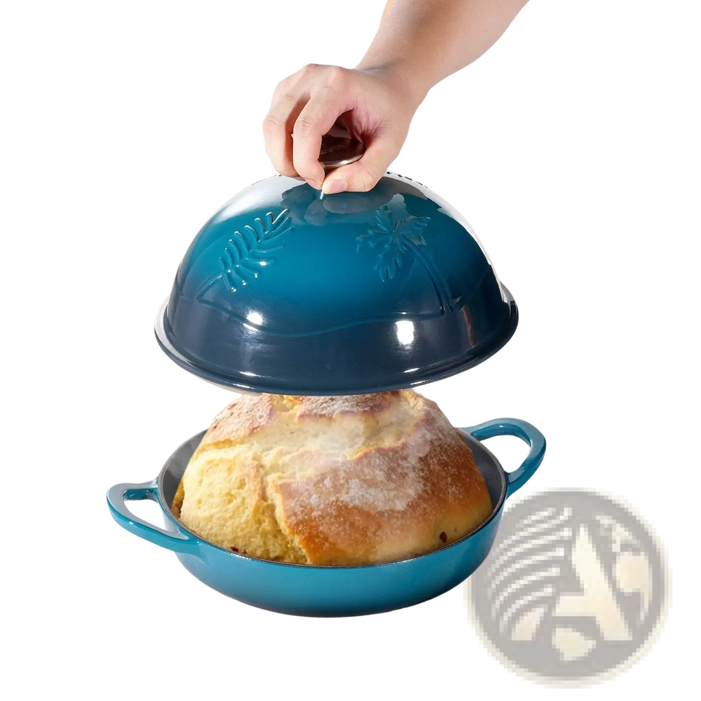 5 qt enameled cast iron dutch oven in blue with embossed palm leaf design and matching domed lid for baking