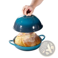 5 qt enameled cast iron dutch oven in blue with embossed palm leaf design and matching domed lid for baking