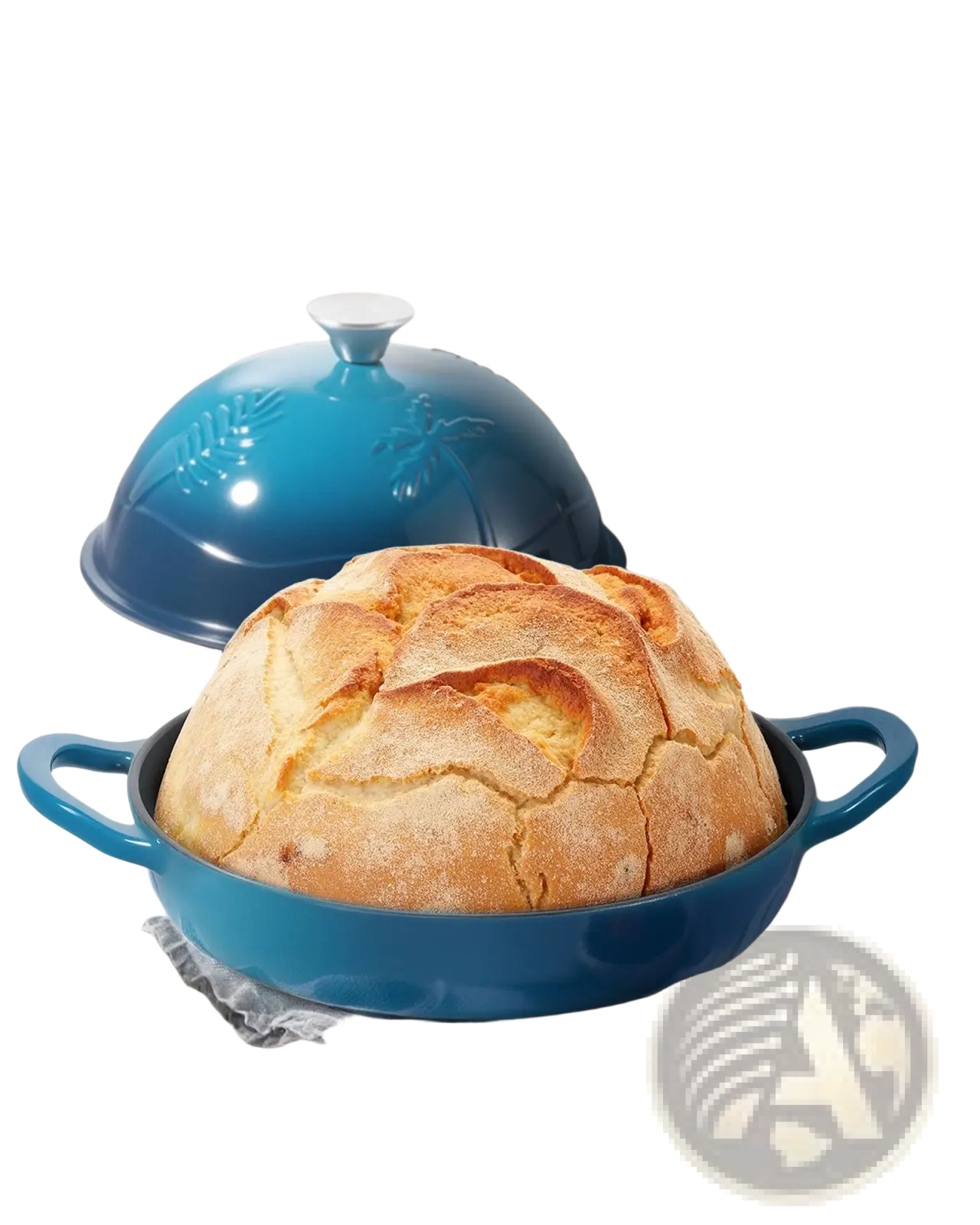 5 qt blue enameled cast iron dutch oven with palm embossed lid and two side handles for versatile cooking