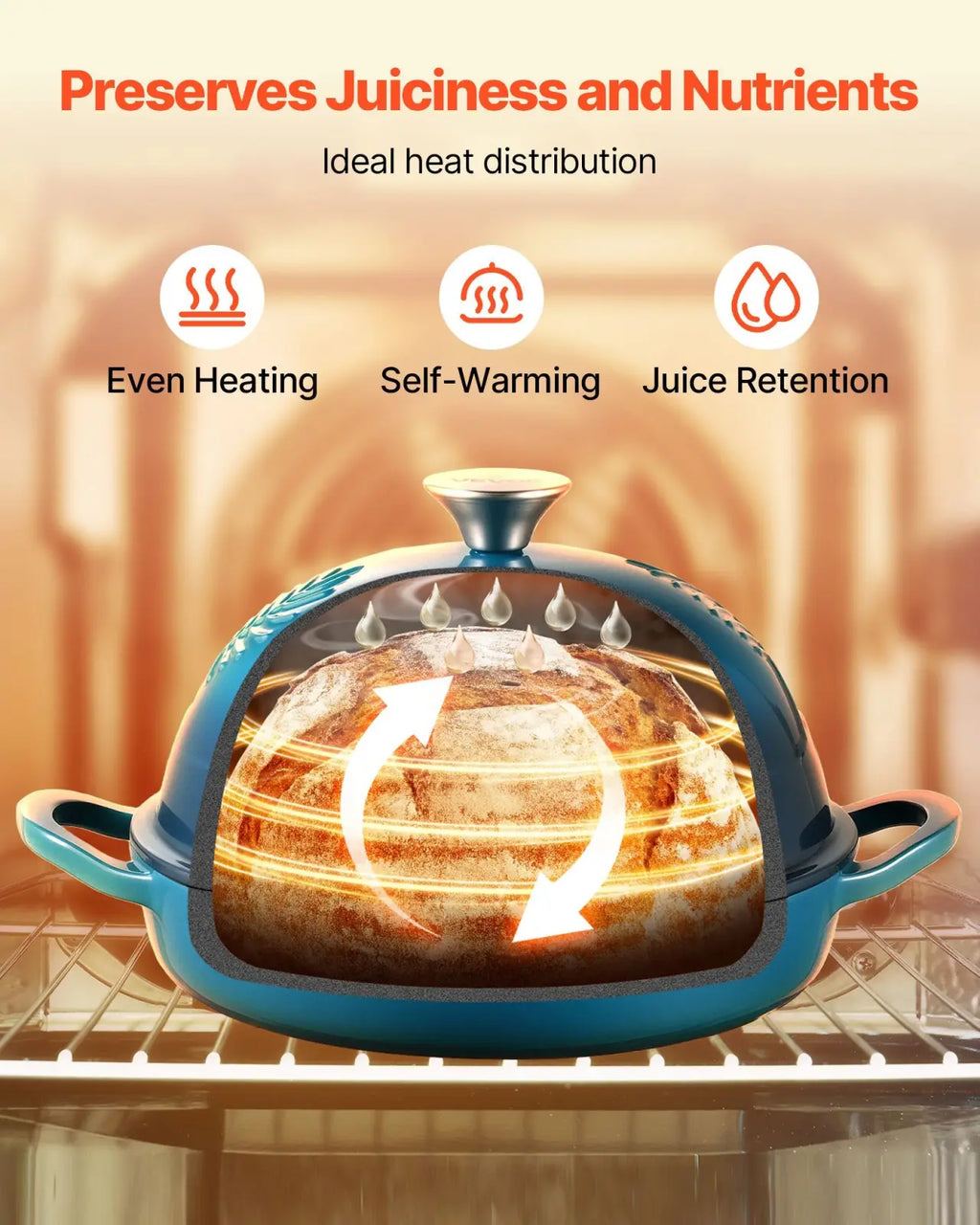 5 qt blue enameled cast iron dutch oven with palm design ceramic self-warming bread warmer with lid and handles