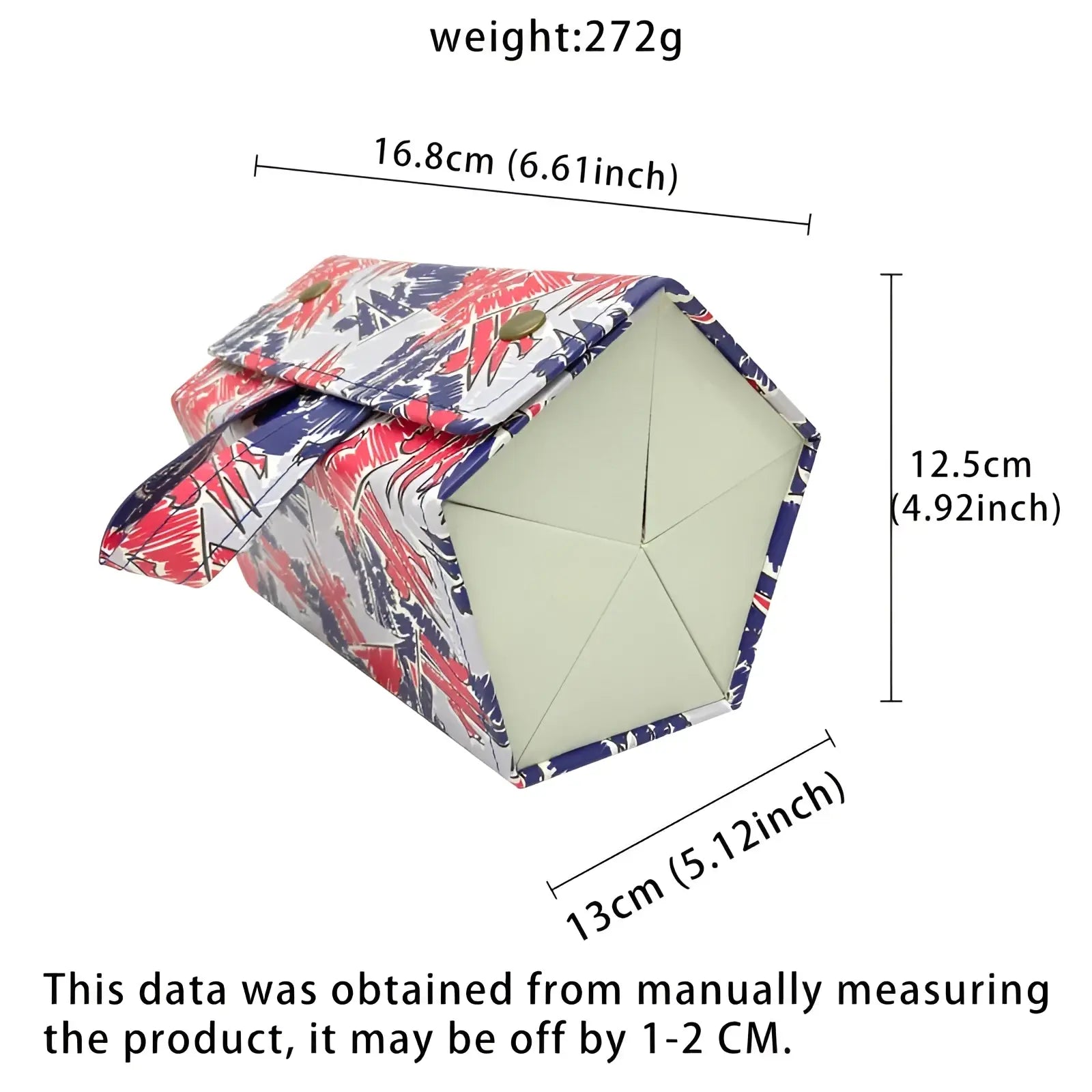 A hexagonal 5-slot foldable vegan leather travel sunglasses organizer with a vibrant red white and blue abstract floral pattern