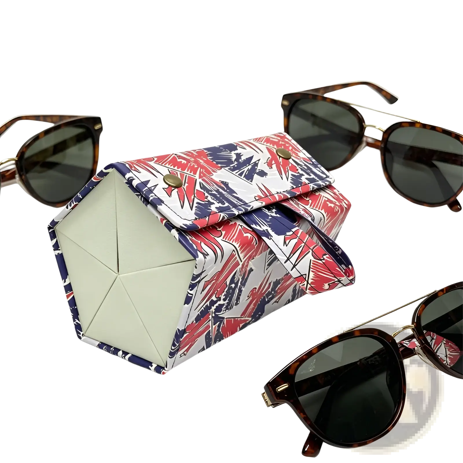 A vibrant tropical-print foldable vegan leather sunglasses organizer with geometric design and light green interior