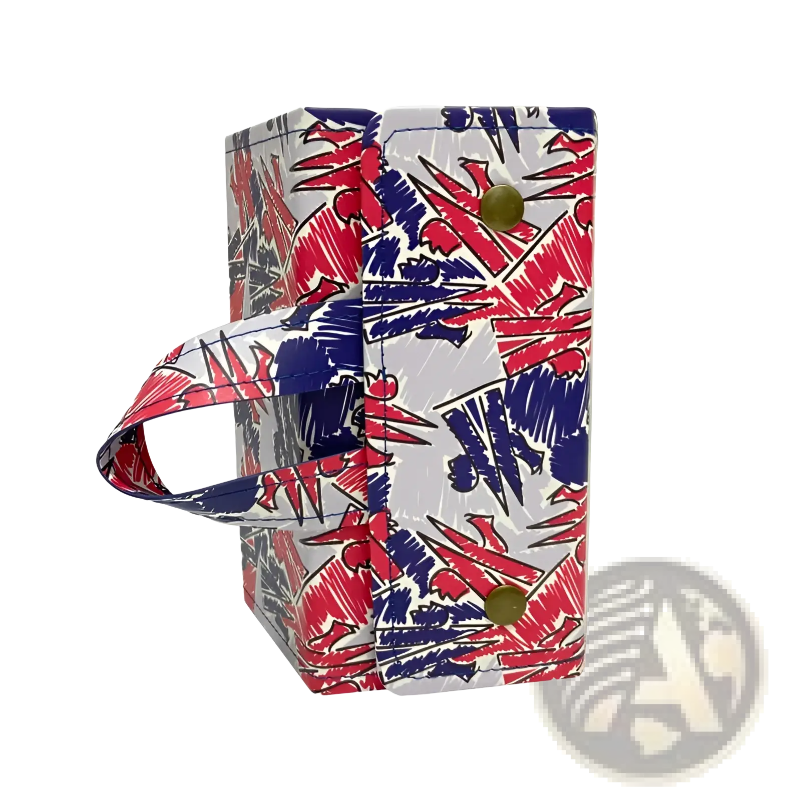 A white rectangular vegan leather travel sunglasses organizer with a red and blue abstract design and brass rivets