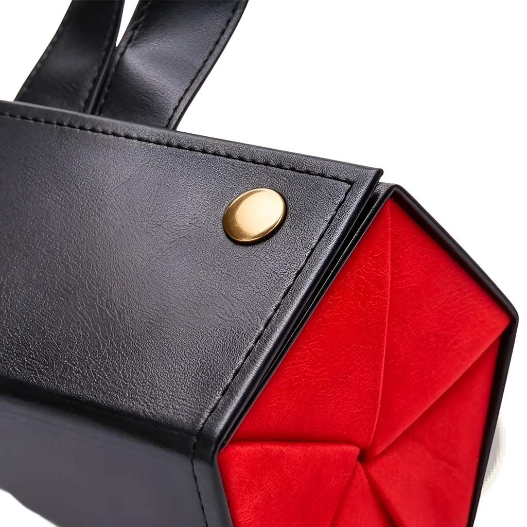 Black faux leather 5-slot foldable vegan leather travel sunglasses organizer with bold red interior and gold-tone hardware