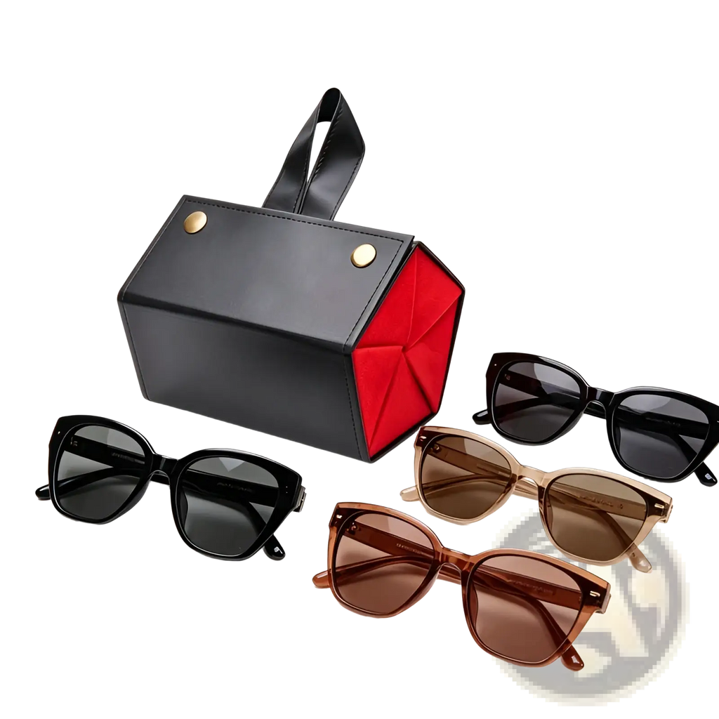 Black and red geometric 5-slot foldable vegan leather travel sunglasses organizer with gold-tone hardware