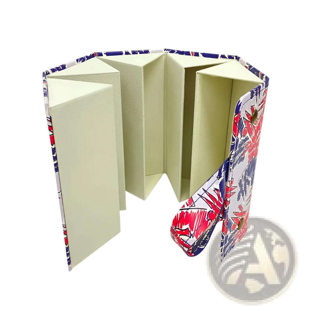 5-slot foldable vegan leather travel sunglasses organizer with vibrant red blue white tropical leaf exterior and cream compartments