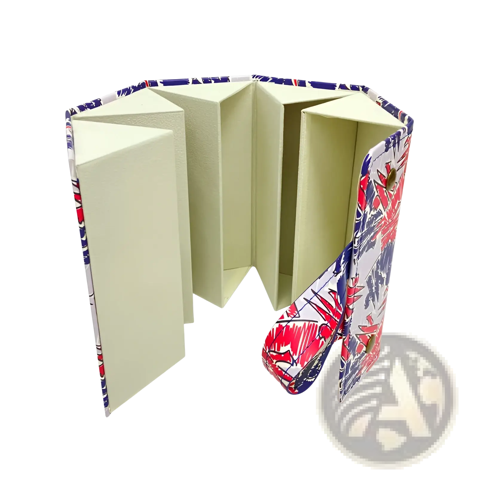 5-slot foldable vegan leather travel sunglasses organizer with vibrant red blue white tropical leaf exterior and cream compartments