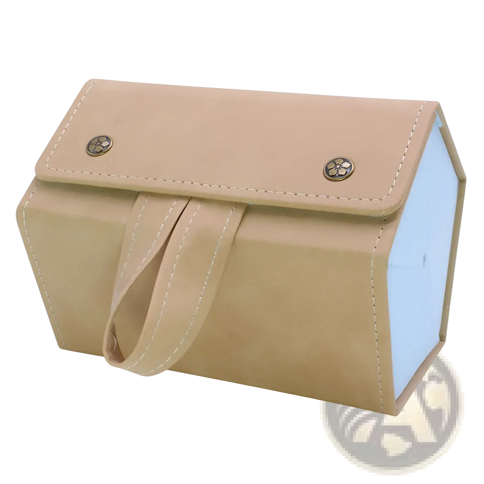 Beige faux leather 5-slot foldable travel sunglasses organizer with silver floral button closures and matching strap