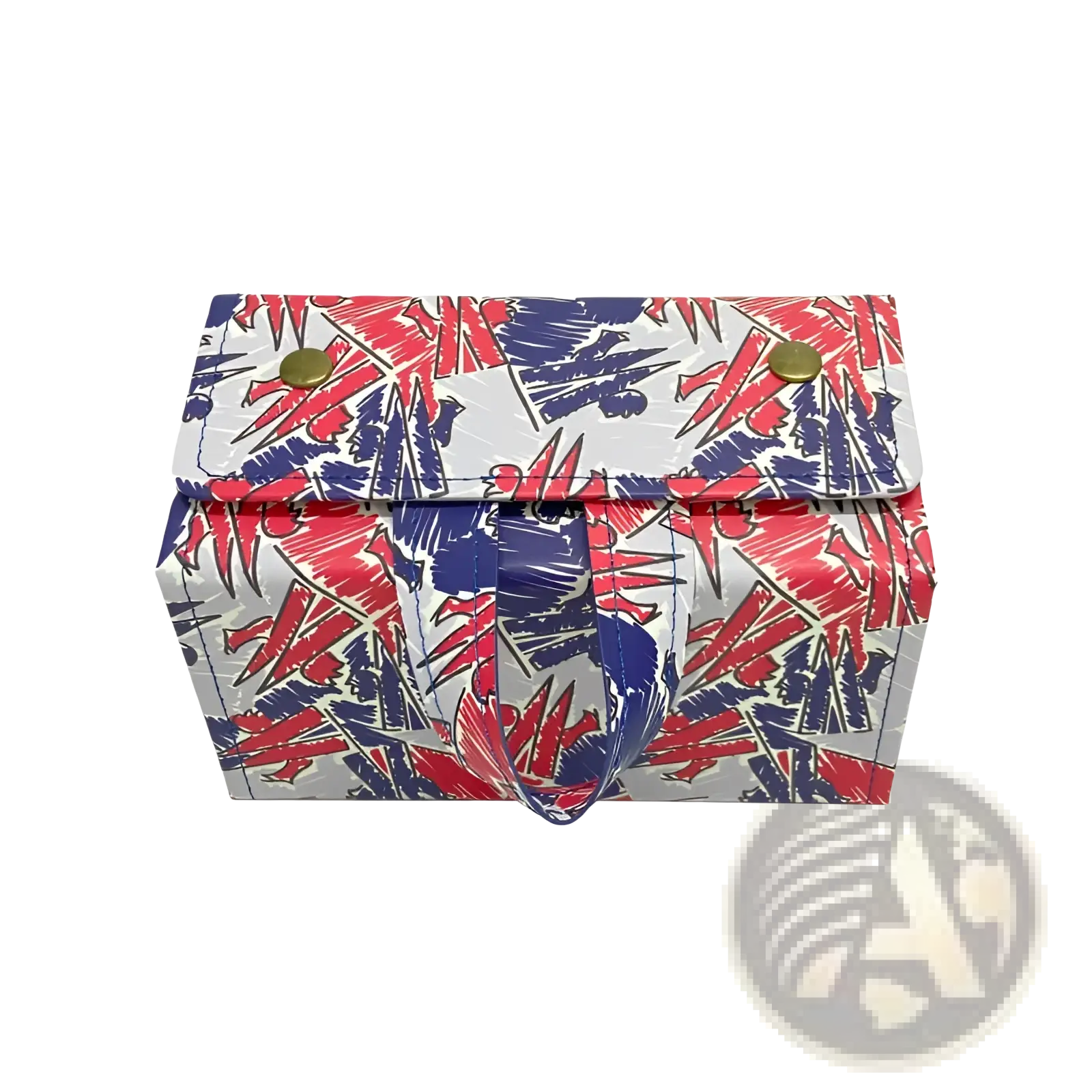 A vibrant red and blue abstract graffiti foldable vegan leather sunglasses organizer with handle and gold-tone snap buttons