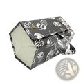 Black and white floral patterned 5-slot folding sunglasses travel case with fabric strap and gold-tone snap buttons