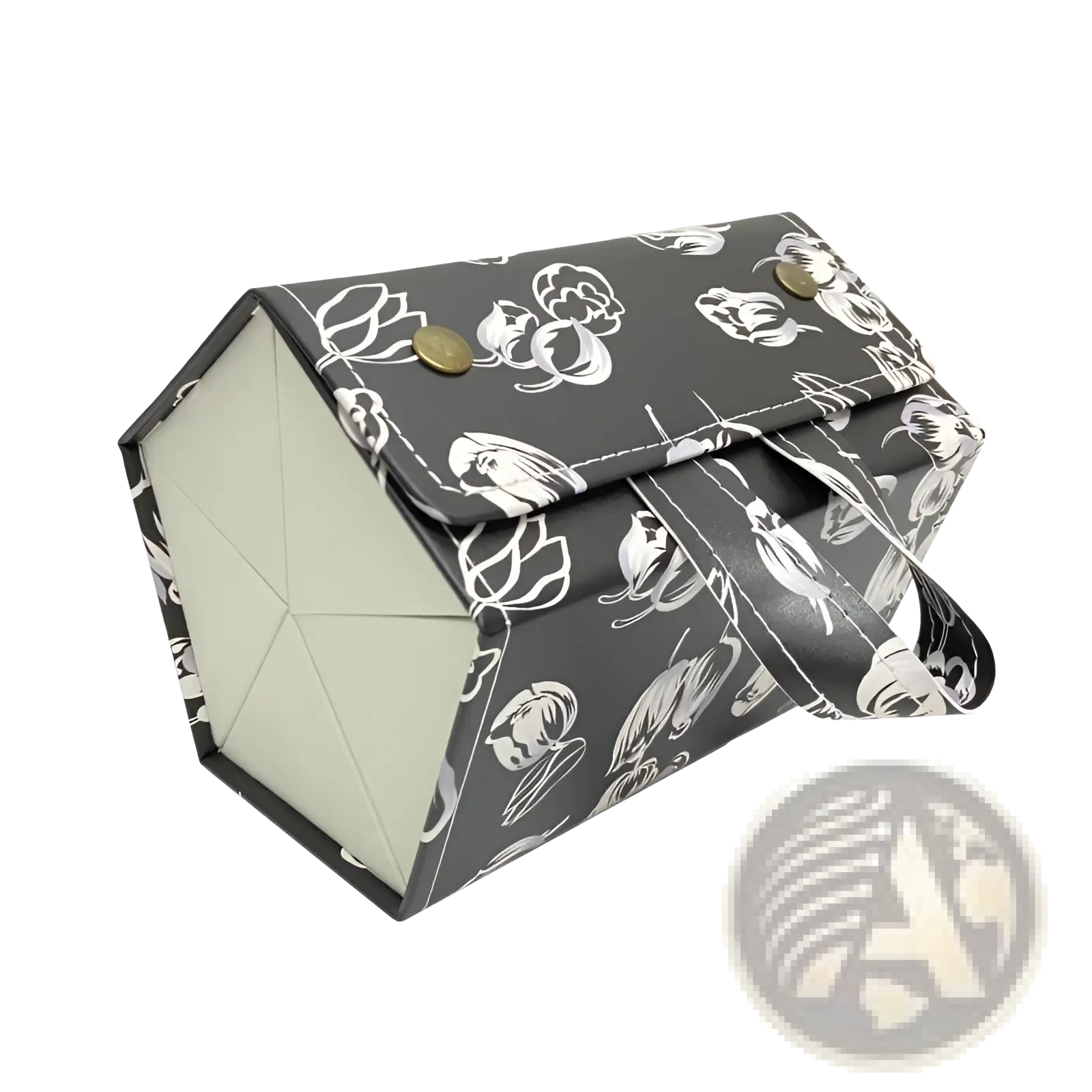 Black and white floral patterned 5-slot folding sunglasses travel case with fabric strap and gold-tone snap buttons